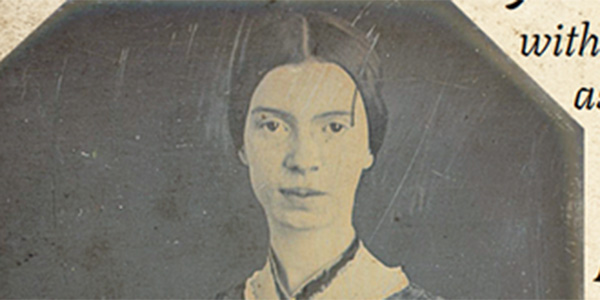Close-up image of Emily Dickinson's face against a dark, grainy background.
